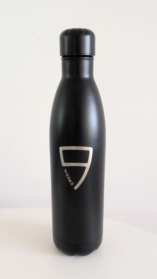 Black water bottle with a logo on a white background